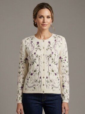 Knitting Needles Cardigan silk Women’s Small Cream Floral Embroidery vintage